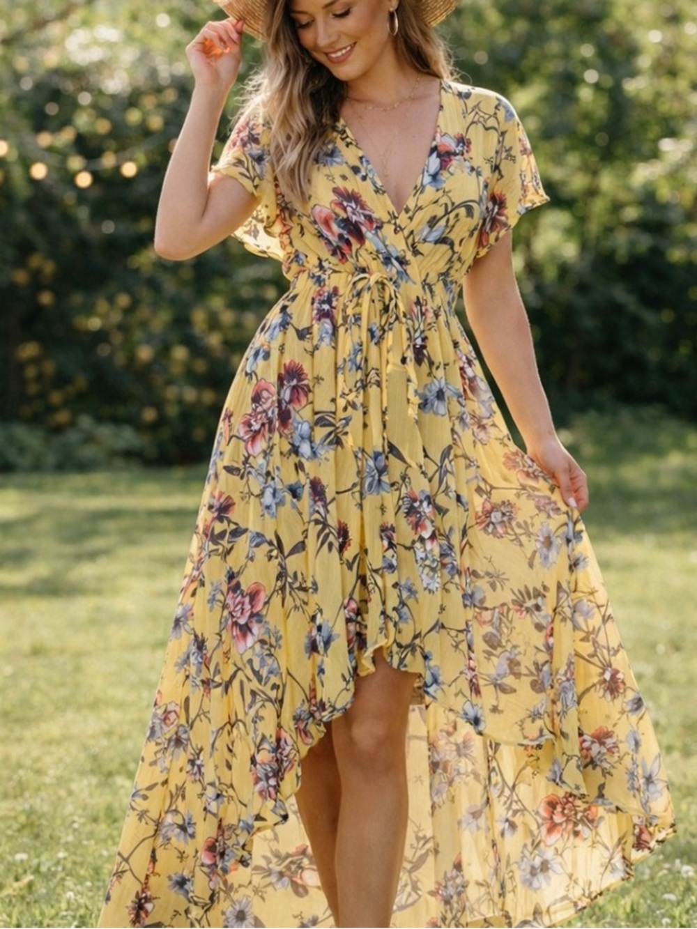 Yellow Floral Sheer Boho Cottage Ruffle Maxi coverup Sundress 3X
